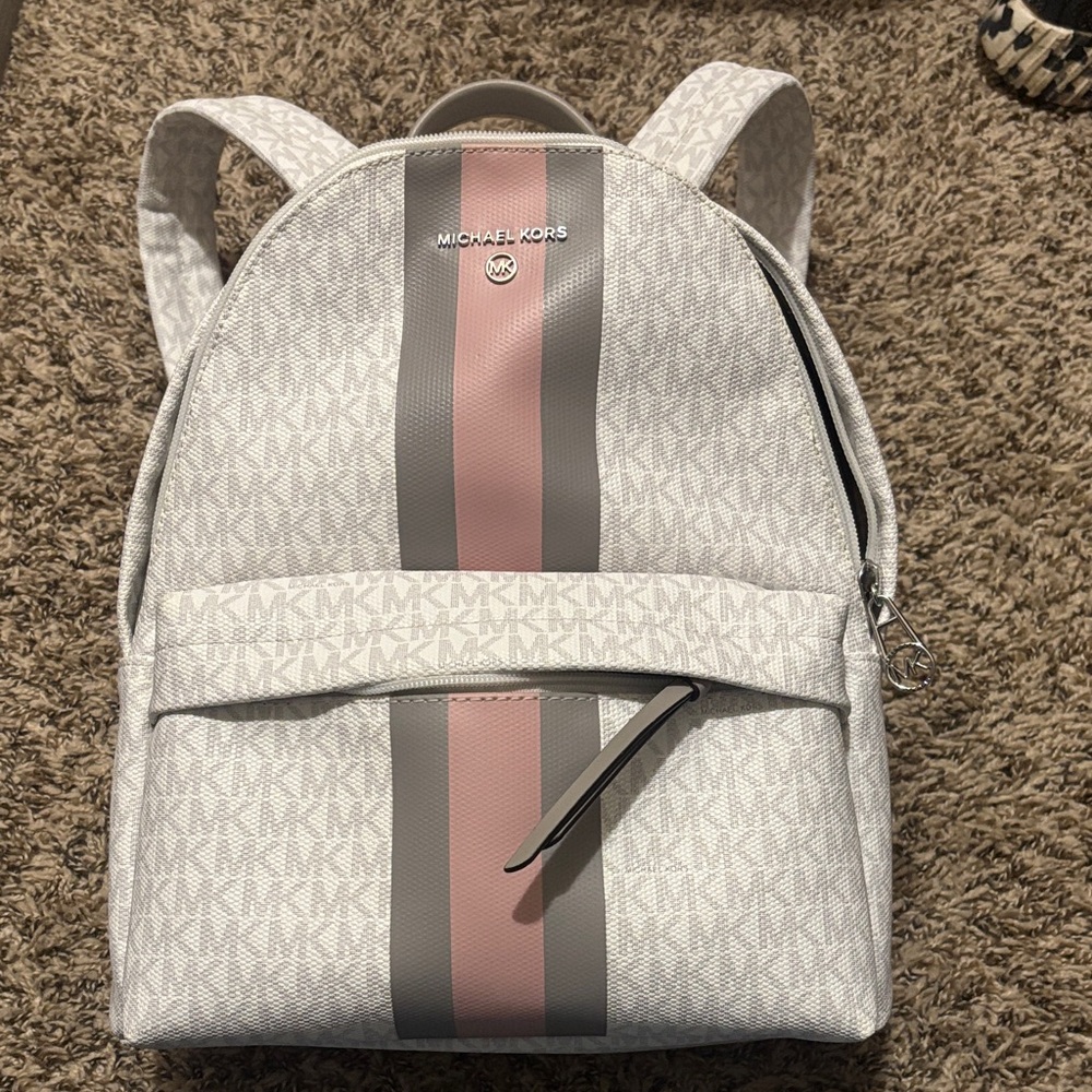 Michael Kors White Backpack with Pink and Gray Stripes